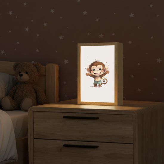 Nachtlampje 20x30 cm - Kinder lampje - Aap - Bruin - Waterverf - Dieren - Meiden - Jongens - Tafellamp kinderkamer - Slaapkamer lamp - Bedlamp kinderen - Kinderlampje stopcontact - Wandlamp babykamer - Nachtlampjes van OnlyWow — afbeelding 2