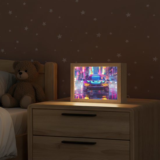 Nachtlampje 20x15 cm - Kinder lampje - Auto - Politie - Stad - Jongens - Kleurrijk - Tafellamp kinderkamer - Slaapkamer lamp - Bedlamp kinderen - Kinderlampje stopcontact - Wandlamp babykamer - Nachtlampjes van Merkloos — afbeelding 2