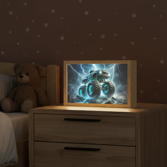 Nachtlampje 30x20 cm - Kinder lampje - Monstertruck - Bliksem - Blauw - Jongens - Auto - Tafellamp kinderkamer - Slaapkamer lamp - Bedlamp kinderen - Kinderlampje stopcontact - Wandlamp babykamer - Nachtlampjes van Merkloos — afbeelding 2
