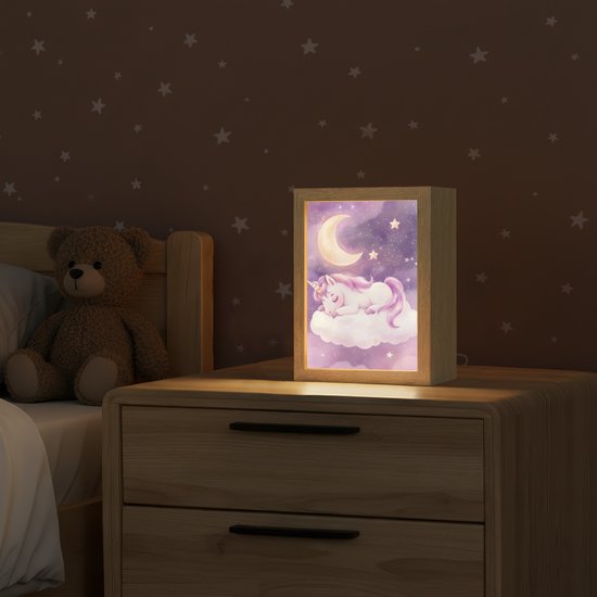 Nachtlampje 15x20 cm - Kinder lampje - Eenhoorn - Paars - Sterrenhemel - Maan - Tafellamp kinderkamer - Slaapkamer lamp - Bedlamp kinderen - Kinderlampje stopcontact - Wandlamp babykamer - Nachtlampjes van Merkloos — afbeelding 2
