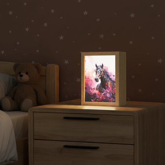Nachtlampje 15x20 cm - Kinder lampje - Paard - Dieren - Meisje - Roze - Tafellamp kinderkamer - Slaapkamer lamp - Bedlamp kinderen - Kinderlampje stopcontact - Wandlamp babykamer - Nachtlampjes van Merkloos — afbeelding 2