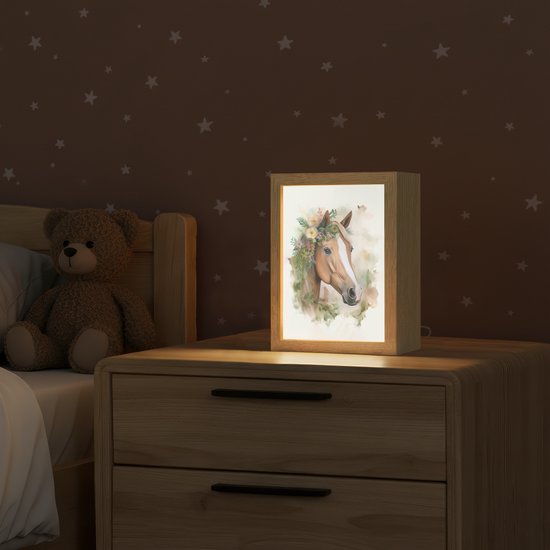 Nachtlampje 15x20 cm - Kinder lamp - Paard - Bloemen - Natuur - Waterverf - Dieren - Tafellamp kinderkamer - Slaapkamer lamp - Bedlamp kinderen - Kinderlampje stopcontact - Wandlamp babykamer - Nachtlampjes van Merkloos — afbeelding 2