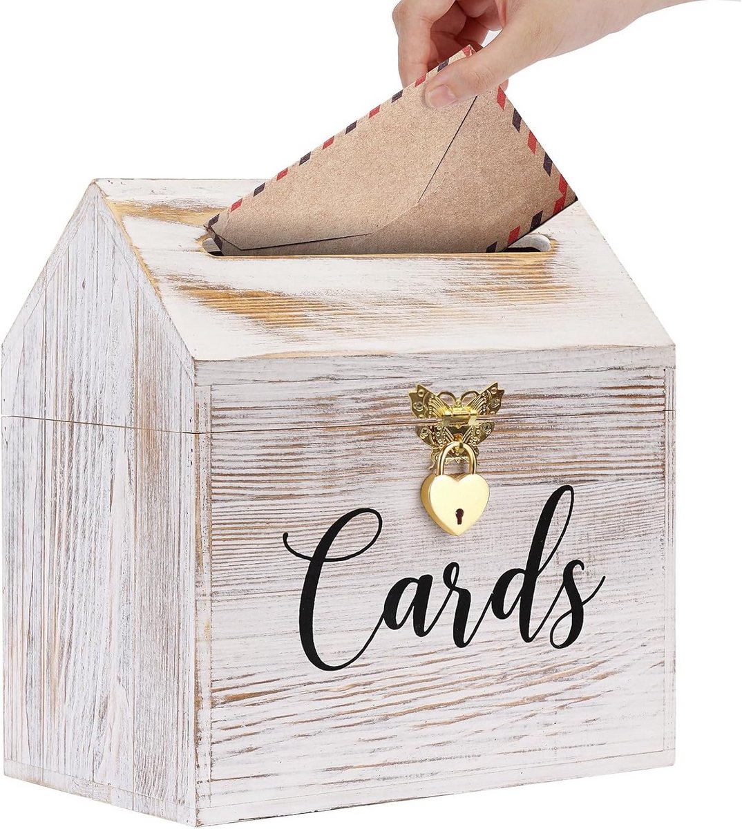 Grote Houten Kaartendoos Bruiloft met Hartslot en Deksel voor Cadeaus en Enveloppen