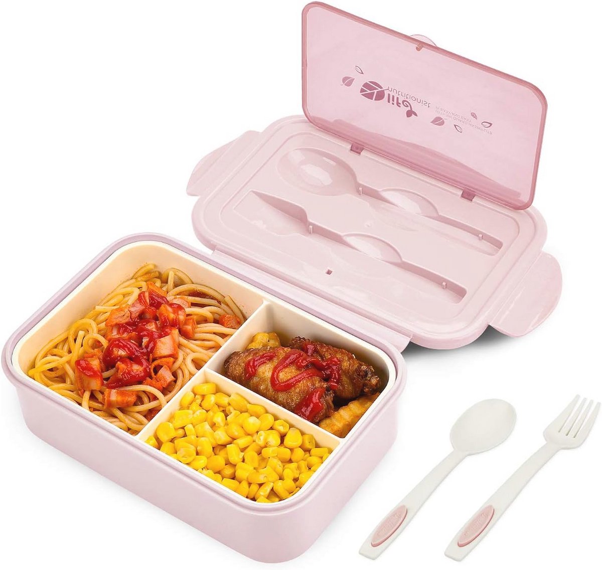 Bento Box met 3 Compartimenten en Bestek - Lekvrij, Geschikt voor Koelkast, Vaatwasser en Magnetron - Lunchbox voor School, Werk, Picknick en Reizen