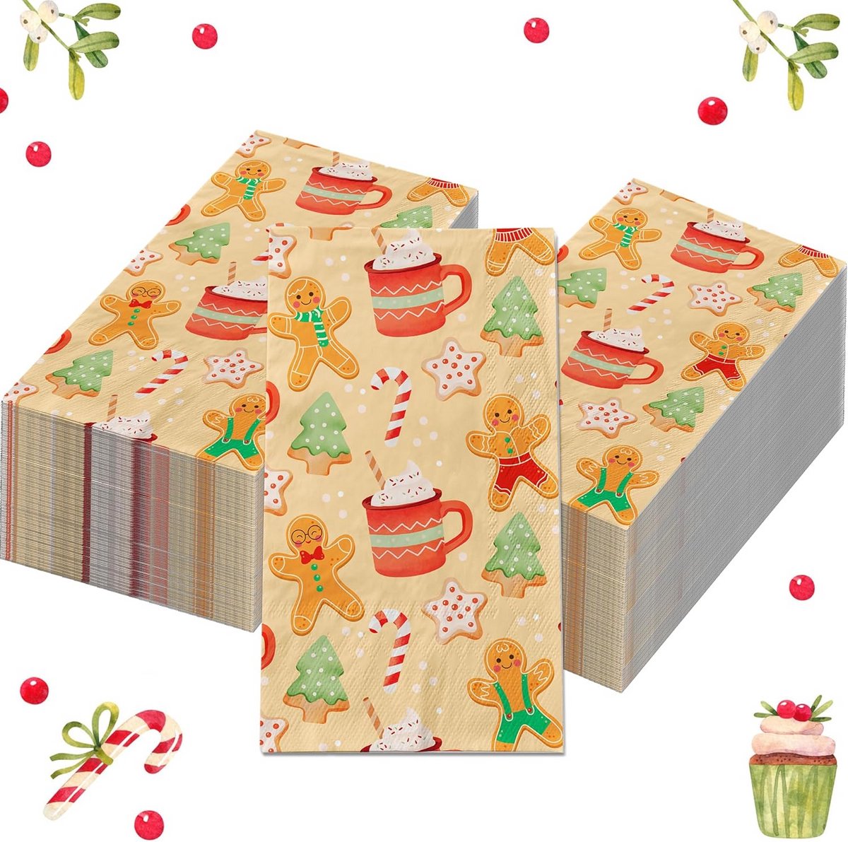 40 Kerstservetten Rood Goud Groen Papieren Tafeldecoratie Peperkoek Man