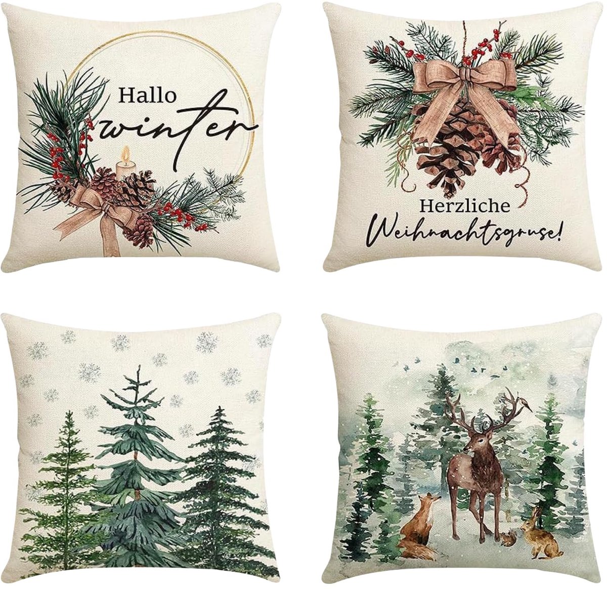 Unyqoos Set van 4 decoratieve kussenslopen voor feestelijke kerstsfeer in huis wit
