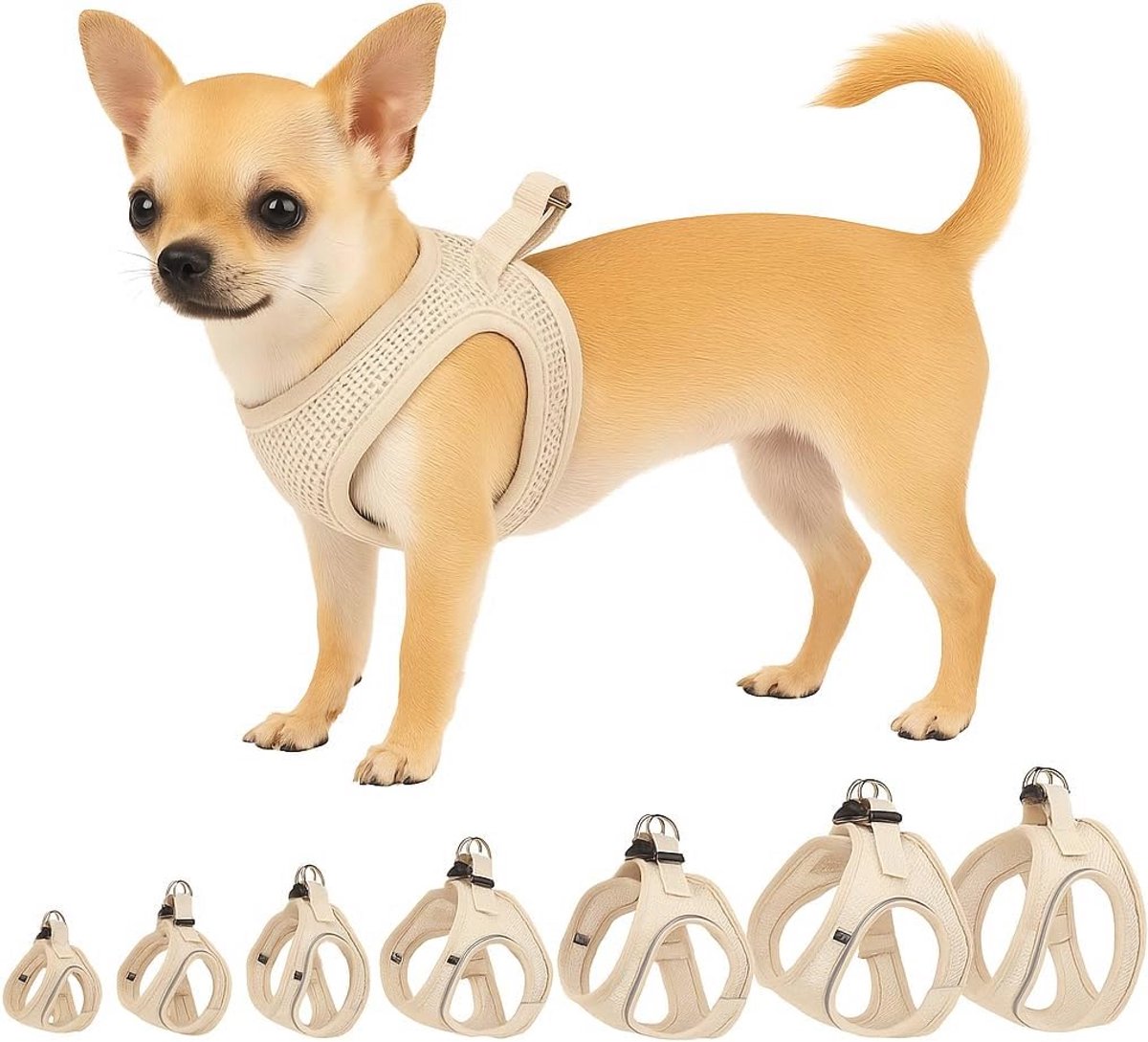Verstelbaar Hondentuig Beige voor Kleine Honden - Reflecterende Strepen - Ideaal voor Chihuahua, Yorkshire en Pekingees