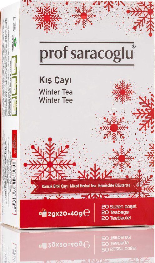 Prof Saracoglu Kış Çayı verpakking met rode sneeuwvlokken en de tekst 'Winter Tea'.