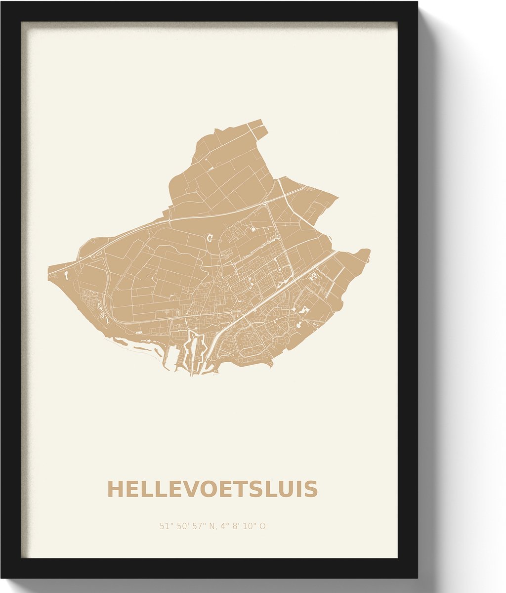 Poster Hellevoetsluis A2 - 42 x 59,4 cm - Beige Inclusief lijst (Zwart MDF)