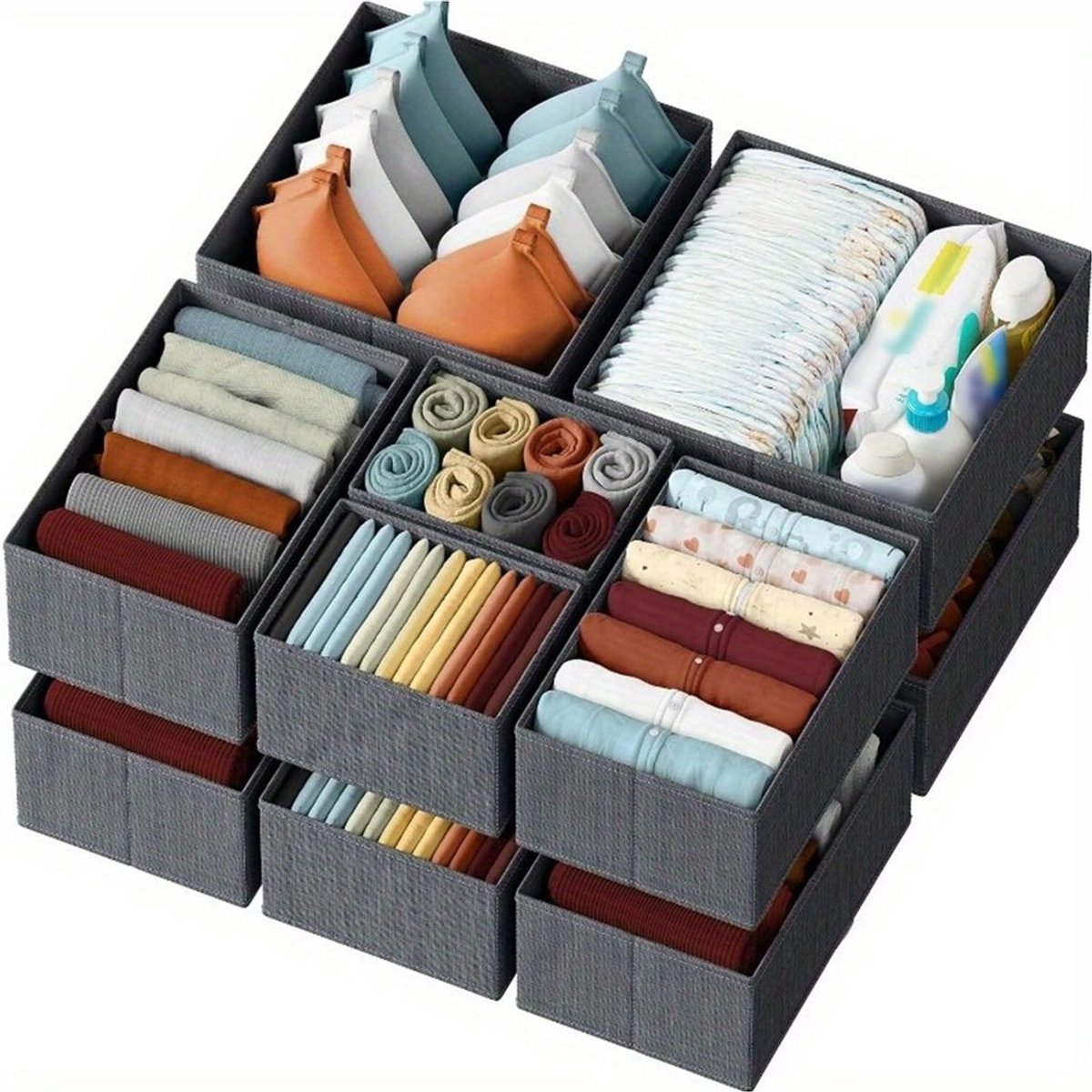 Een set van 12 opbergdozen, kledingkastorganizers en opvouwbare lade-organizers.