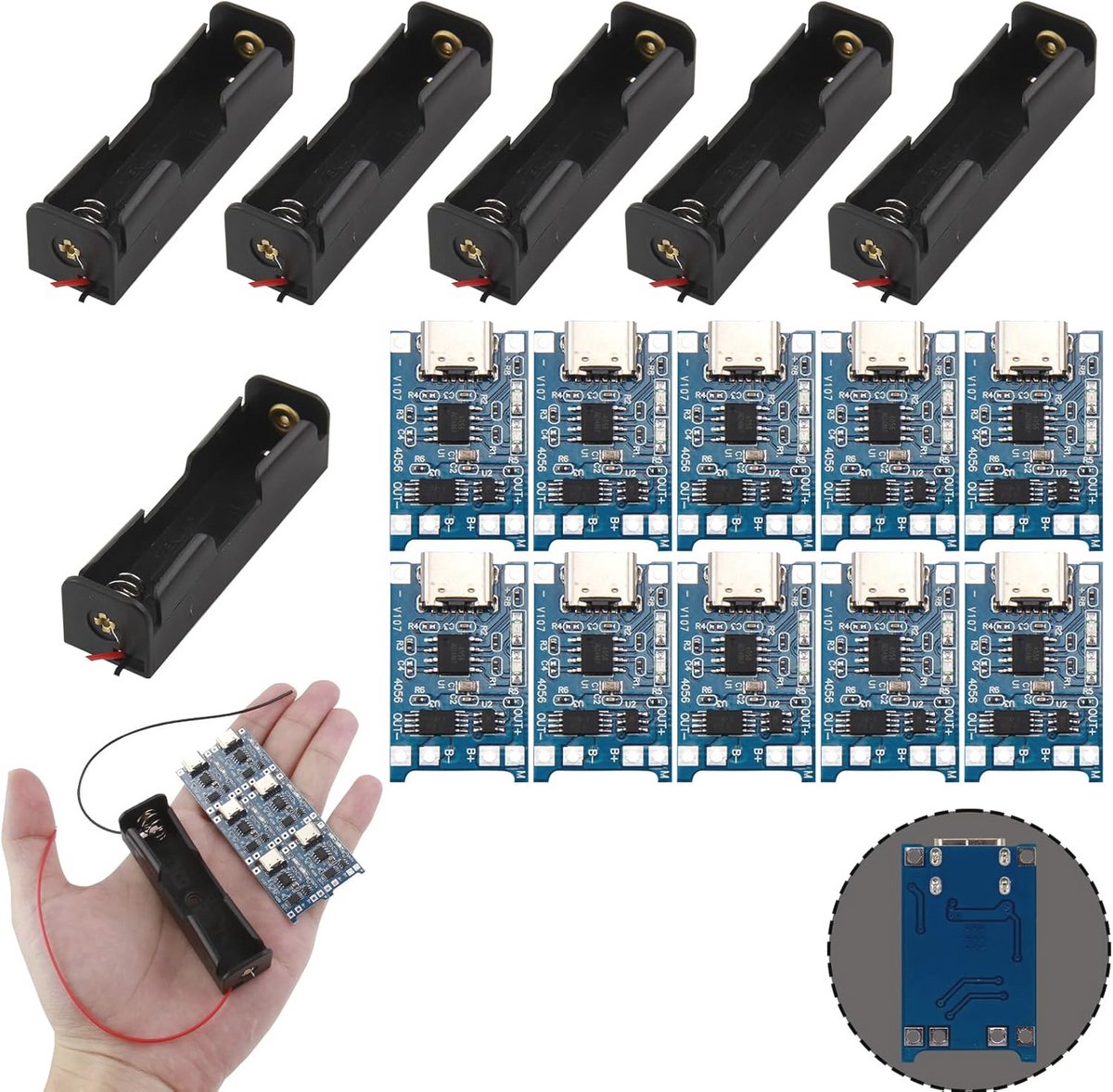 Batterijhouder set met 6 stuks en 10 USB Type-C opladers voor 18650 lithiumbatterijen