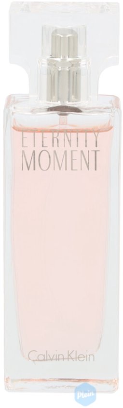 Flacon de Calvin Klein Eternity Moment Eau de Parfum au liquide rose tendre.