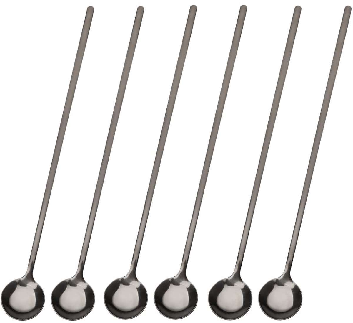 6 lange lepels – 304RVS - Kleine ronde lepel - Latte macchiato – Dessertlepels set – 13cm – IJslepels - Theelepels - zwart