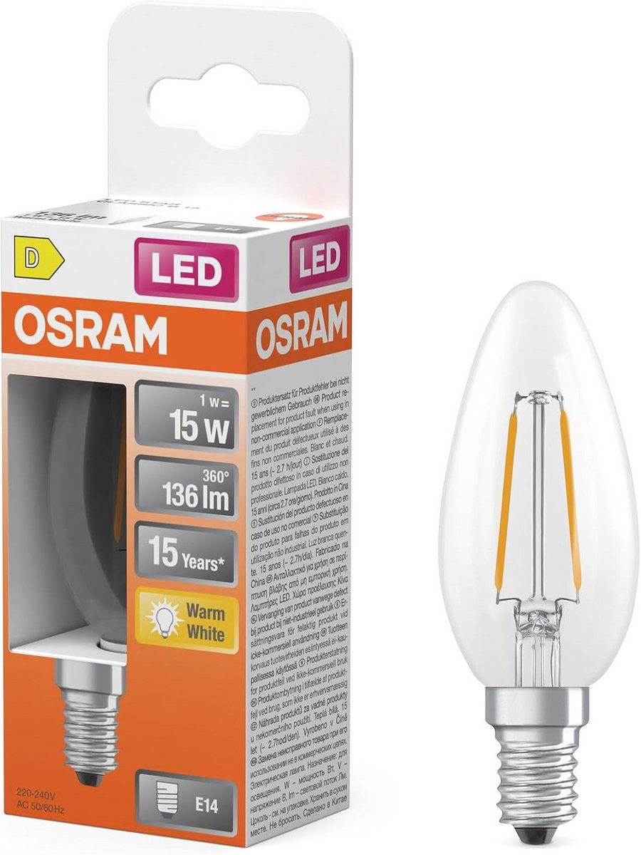 LED Kaarslamp B15 Fitting (E14 Sokkel) 1W Warm Wit Filament voor Kleine Armaturen