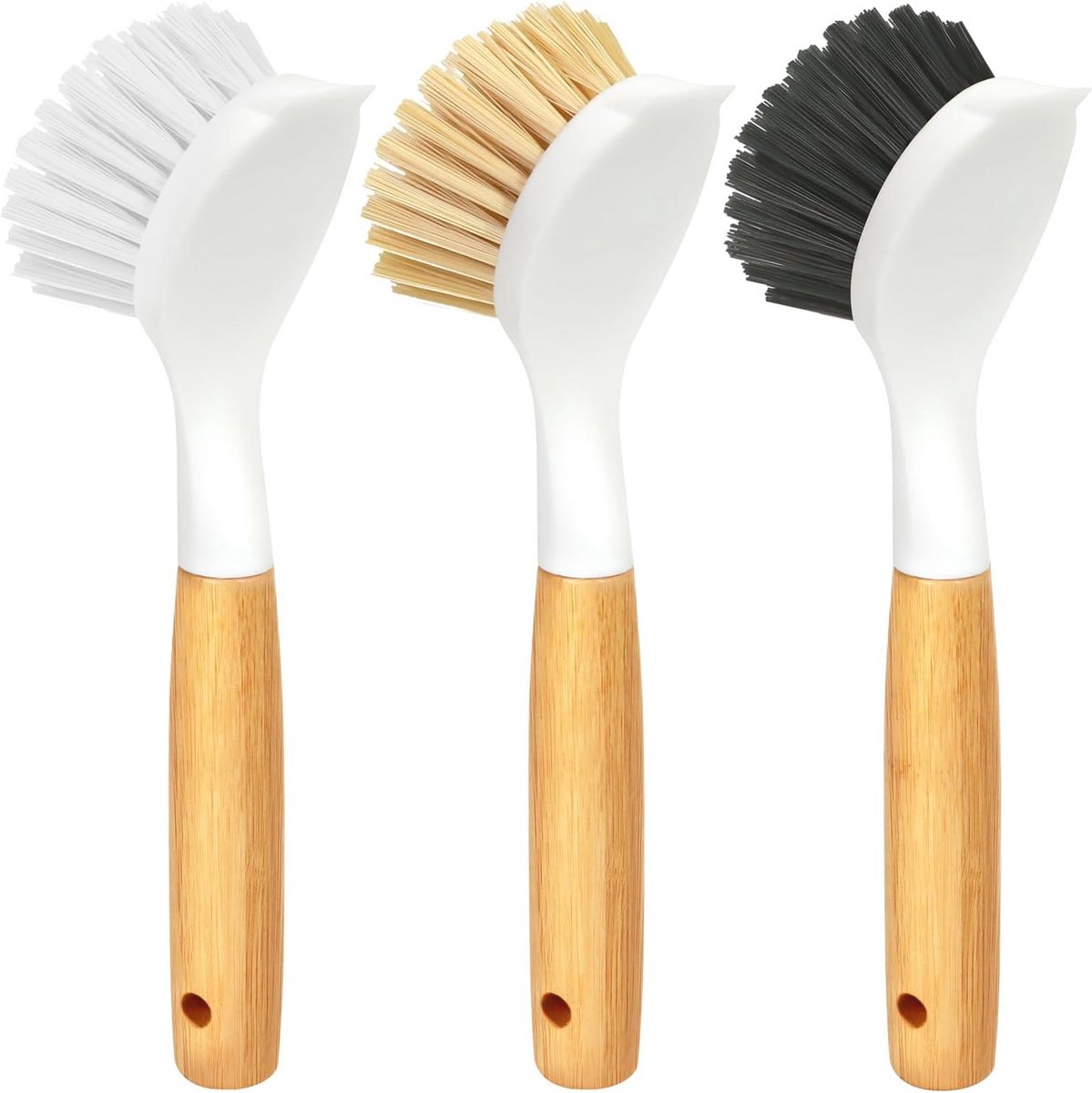 Set van 3 bamboe afwasborstels voor effectief reinigen van schotels, potten, en fornuis