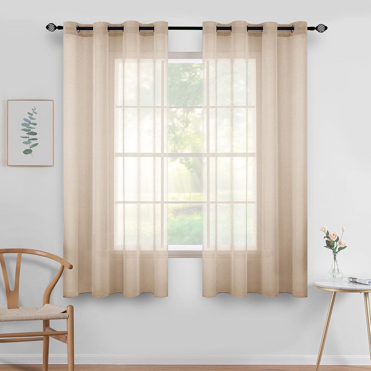 Set van 2 Luchtige Transparante Voile Gordijnen met Ringen - Khaki Deelbare Woonkamer & Slaapkamer Decoratie - 140x137 cm