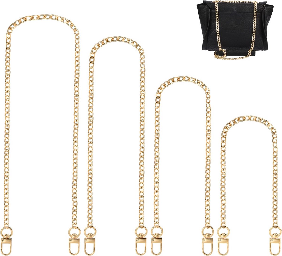 Tasketting 4 stuks, 120 cm, 100 cm, 80 cm, 60 cm, platte kettingriem, zakketting, goud, metalen doe-het-zelf ketting