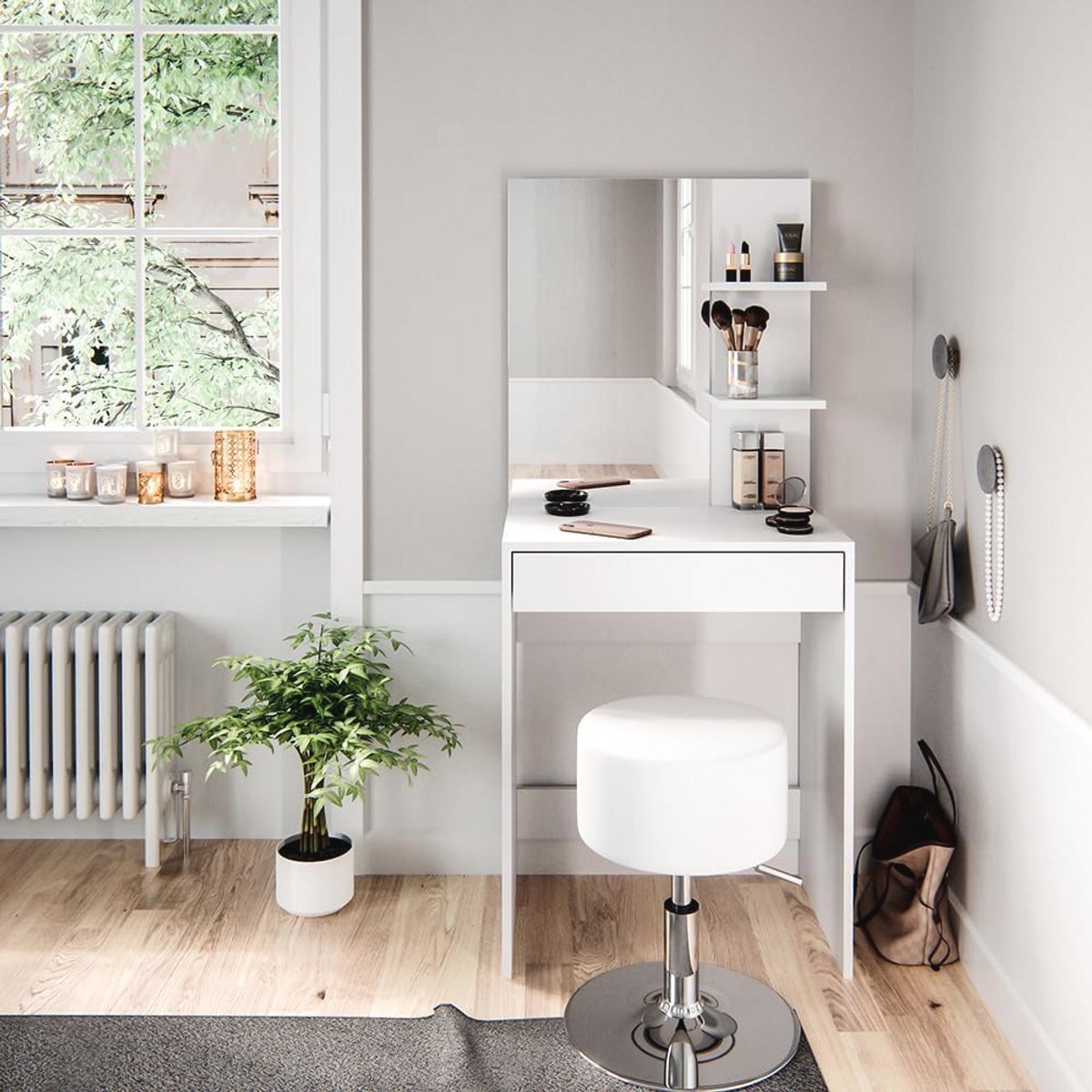 Stijlvolle Makeup Tafel met Kruk - Wit 60 cm