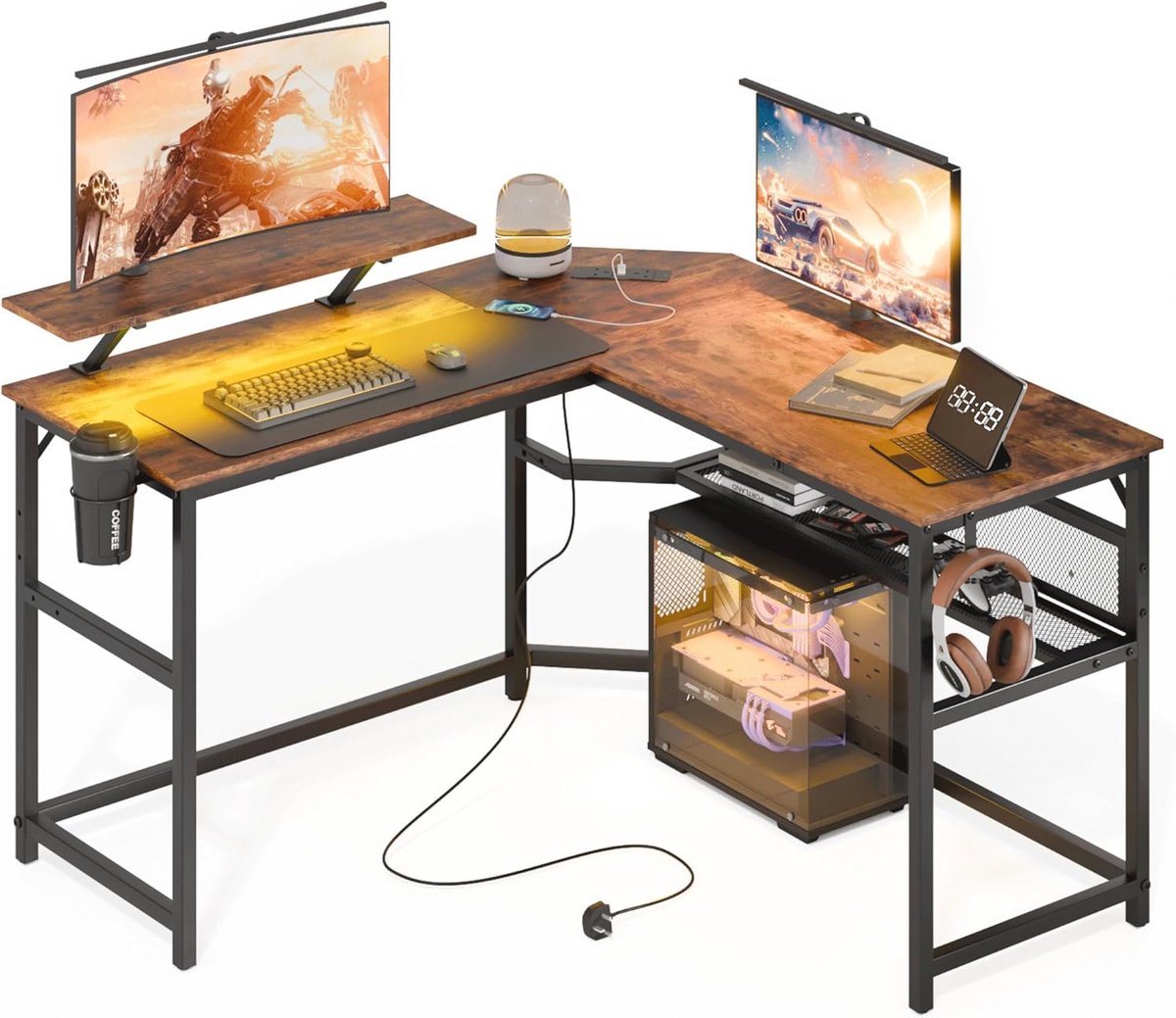 L-vormige Gaming Desk met LED Verlichting en USB Poorten - 130x130cm Hoekbureau voor Thuiswerk en Studie