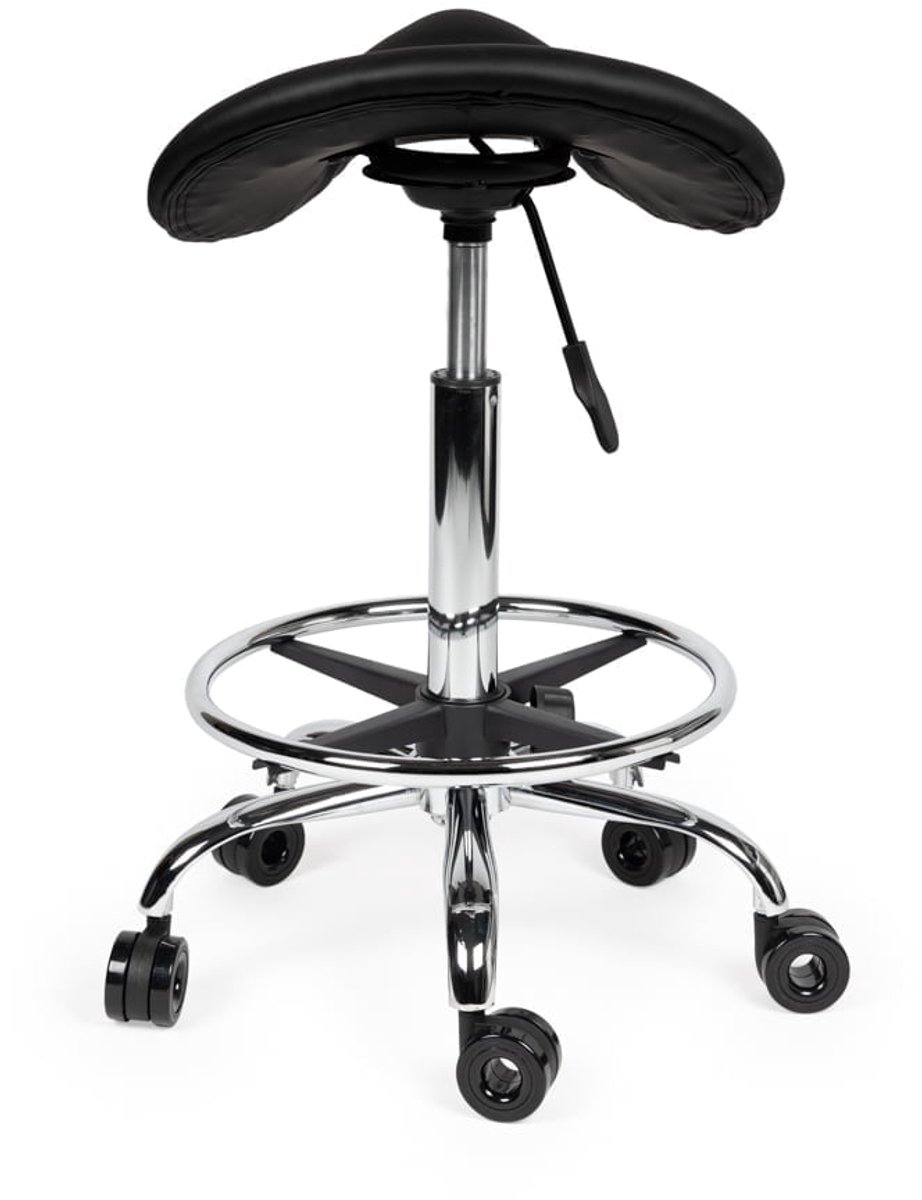Ergonomische Kapperskruk Zwart op Wielen Hoog (70-86cm) / met Voetsteun