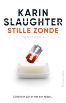 Een open scheermes met bloeddruppels op een stuk zeep in een zeepbakje. De titel 'Stille zonde' staat bovenaan.