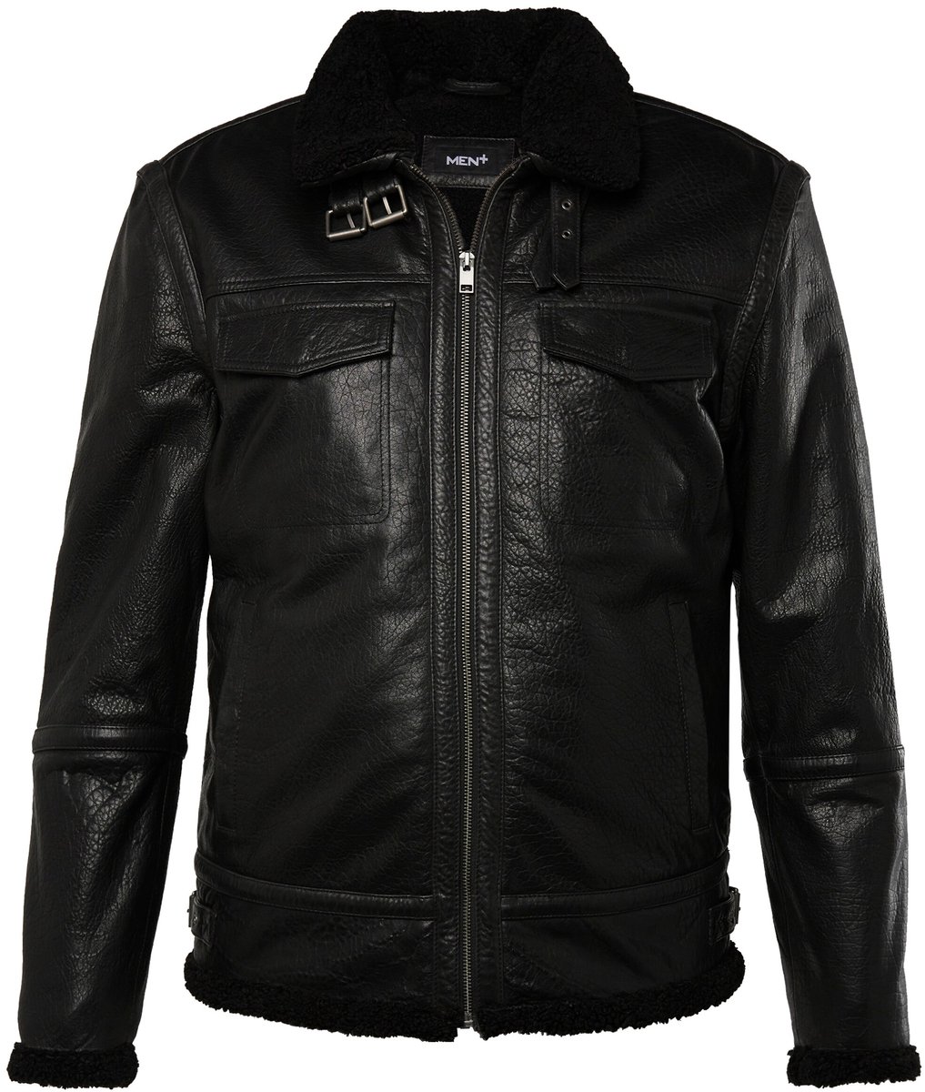 Men Plus - Heren - Leren jack leer teddy voering - Zwart - Maat 5XL