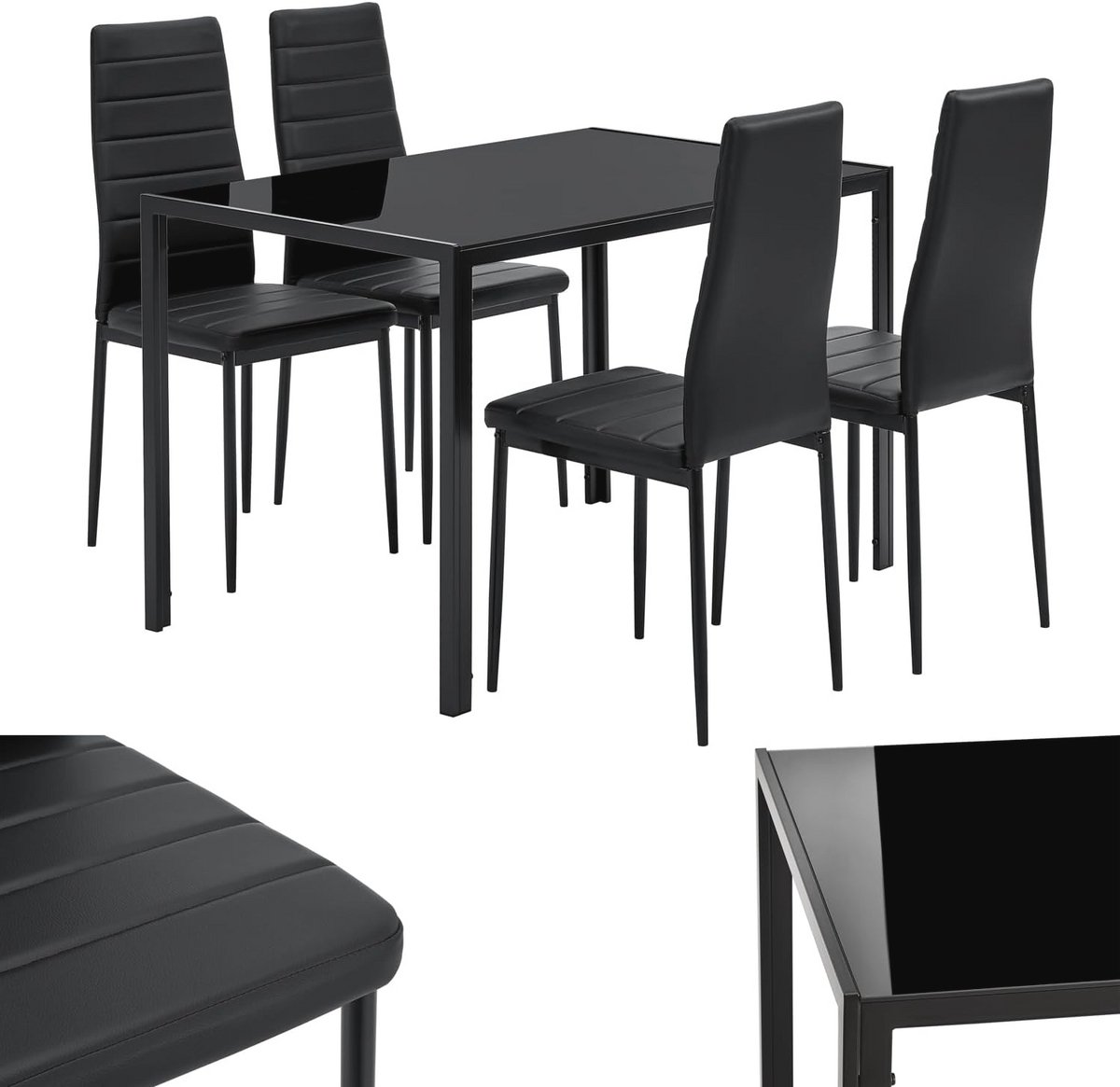 Eettafelset met 4 Stoelen - Modern Design met Glasblad en Kunstlederen Bekleding
