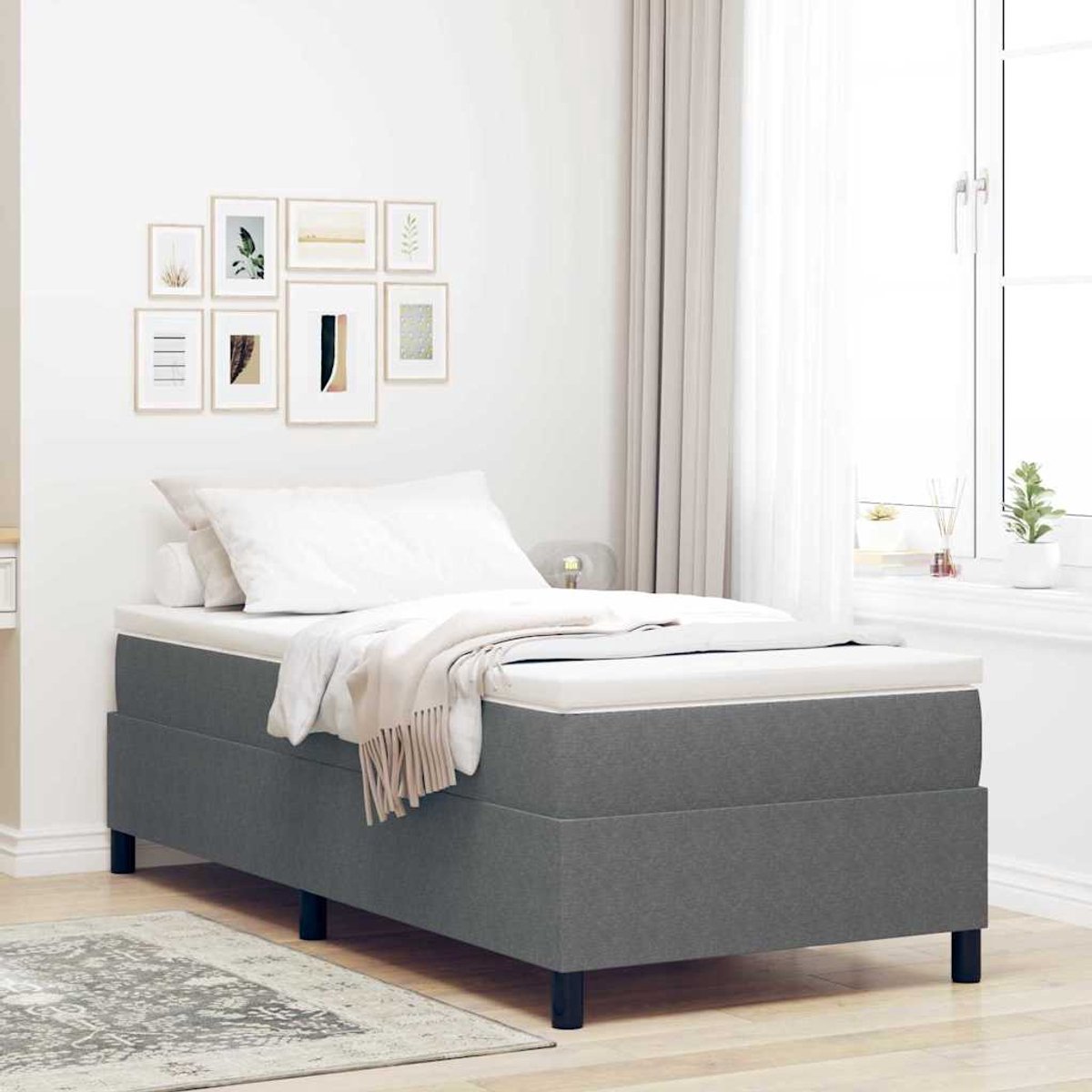 Eenpersoonsbed | Tienerbed | Volwassenenbed Boxspring bed Lichtgrijs en wit. 193 x 90 x 60 cm Katoenen stof