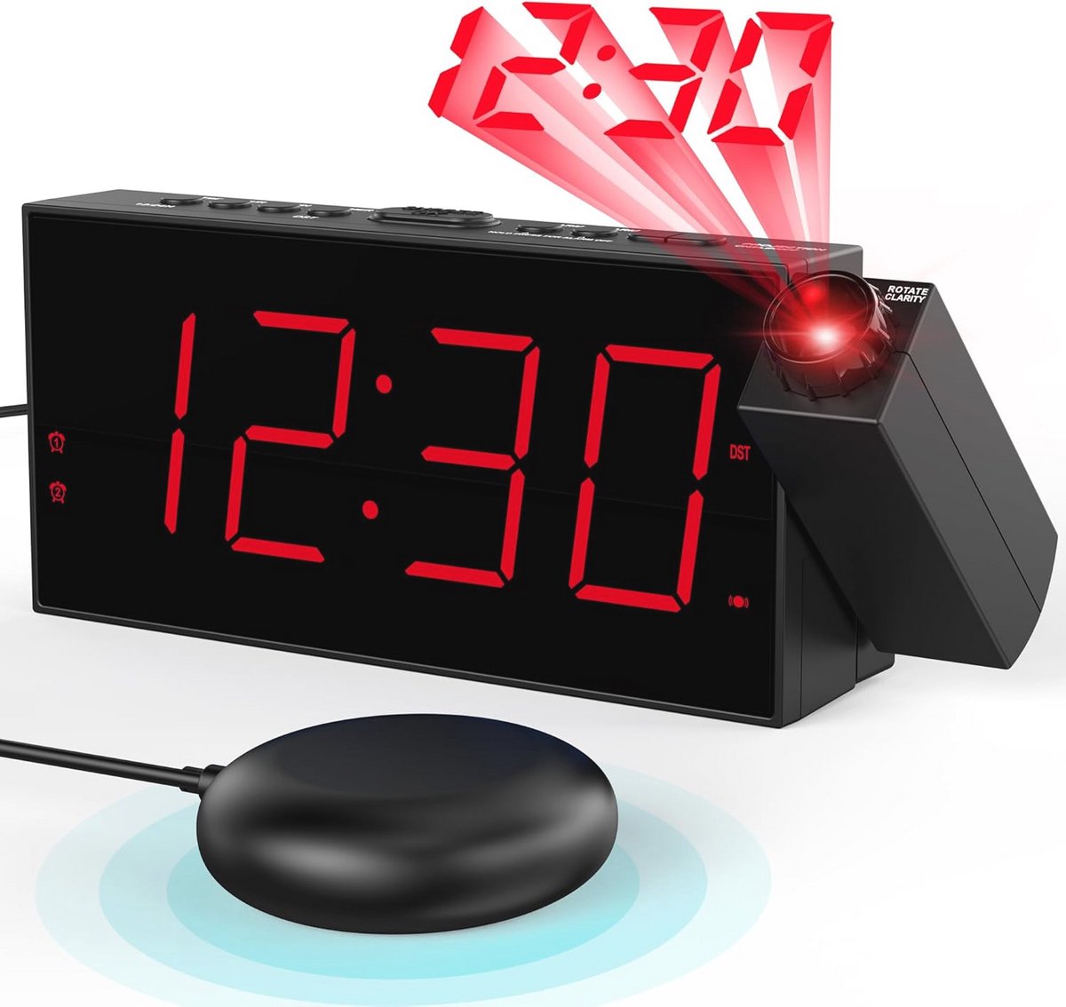 Vibrerende wekker met 180° projectie en USB oplaadpoorten