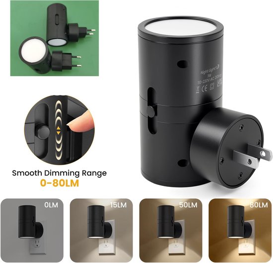 2-stuks LED Nachtlampje - Tafellamp slaapkamer - Night Light Plug in Wall - Plug in Night Light for Hallway - Met lichtsensor - Dimbaar - 1W - Monochrome warm light - Geschikt voor slaapkamers, badkamers, gangen, toiletten, trappen - Wit van Merkloos — afbeelding 5
