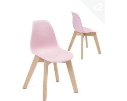 KAYELLES Set van 2 Scandinavische kinderstoelen voor meisjes, rugleuning van kunststof, zacht, licht en duurzaam, poten van natuurlijk beukenhout, JUBA (roze)