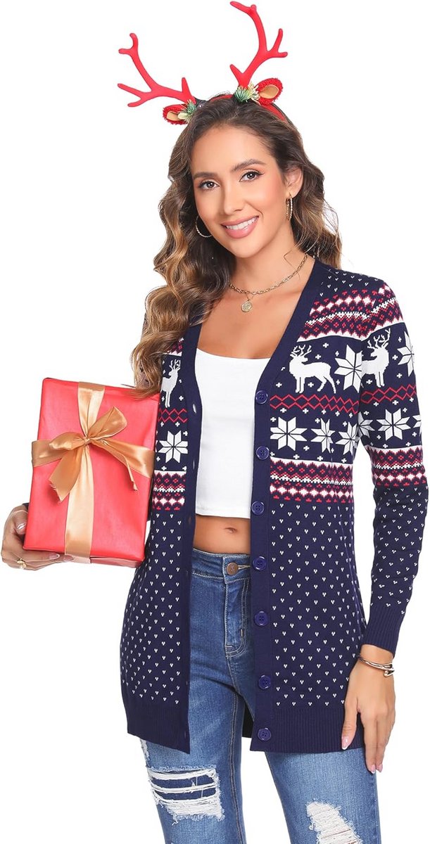 iClosam Gebreid kerstvest voor dames, met V-hals, met knoop, rendierpatroon, lange gebreide kersttrui, lange mouwen, met sneeuwvlokkenpatroon, b-Blauw, L