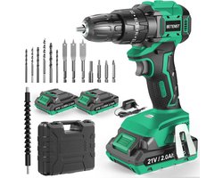 Cordless screwdriver 21 V, brushless drill with 2 batteries, 2.0 Ah, 45 Nm cordless drill