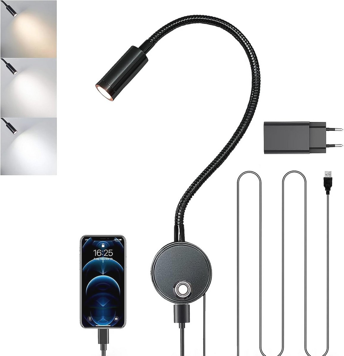 Dimbare Wandleeslamp met Schakelaar en USB-Oplaadpoort