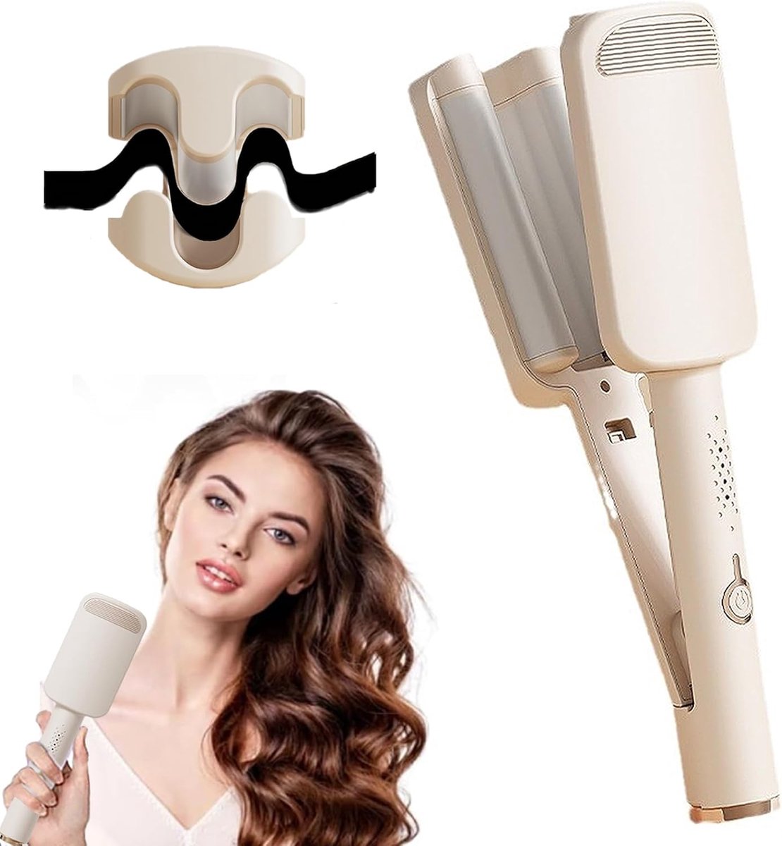 Golf Krultang - Ionische Diepe Golfen - Keramische 3-in-1 Vaten - Snel Verhittend - 4 Temperaturen - Antiverbranding - Universele Spanning - Voor Kort & Lang Haar - Beige