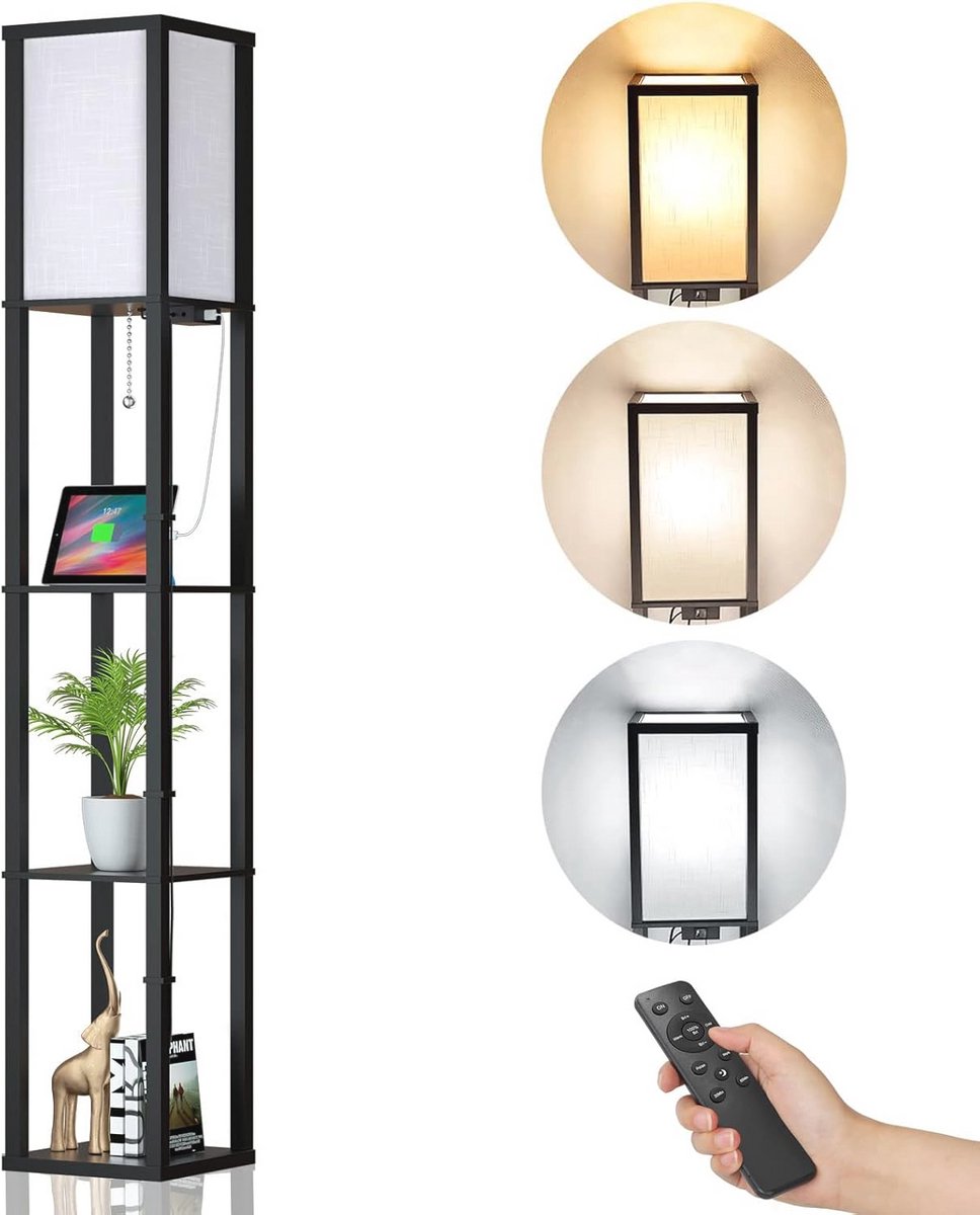 Dimbare Vloerlamp met Planken en USB Oplaadpoorten voor Woonkamer en Kantoor