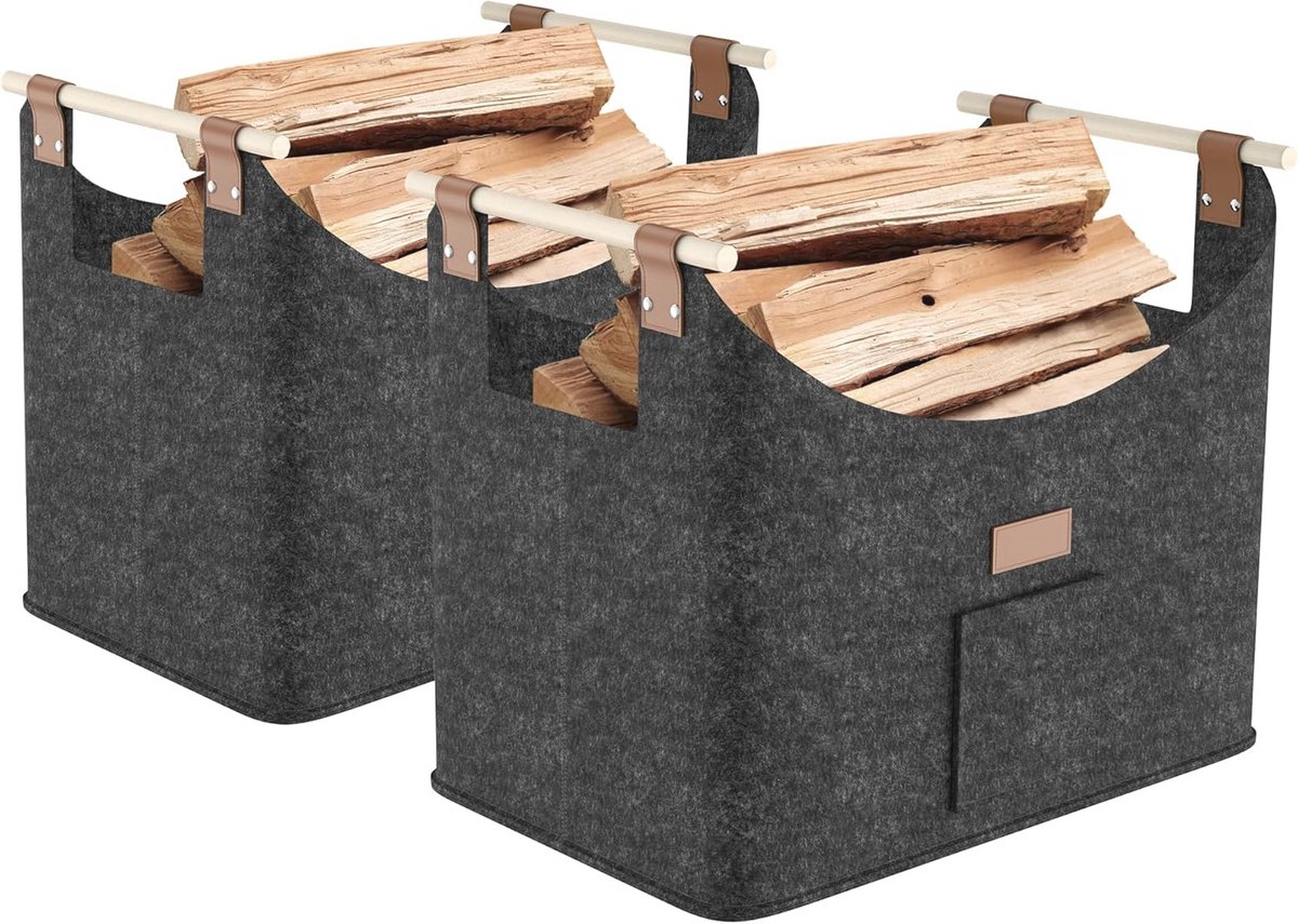 Houten Mand voor Haardhout - XXL Vouwbare Mand van Vilt met Verstevigde Handvatten - Groot Vilt Tas voor Hout, Boeken of Kranten (50 x 32 x 40 cm)