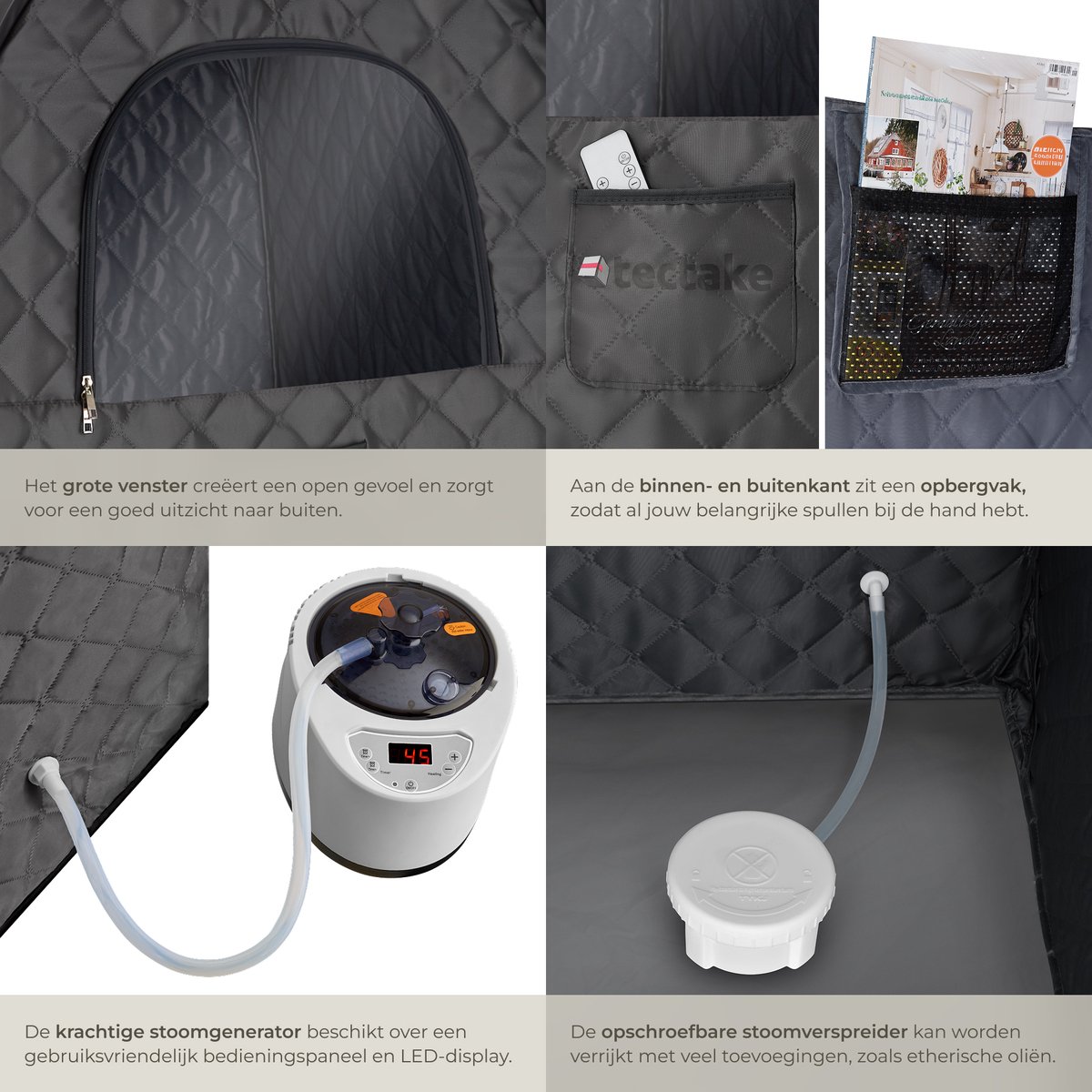 tectake® Mobiele Sauna ThermaLuxe I - Draagbare Stoomsauna - Stoomcabine met 15 Temperatuurstanden en Timerfunctie - Inclusief Afstandsbediening, Mat, Stoel en Draagtassen - Met Stoomverdeler voor Olieën en Geuren thumbnail 3