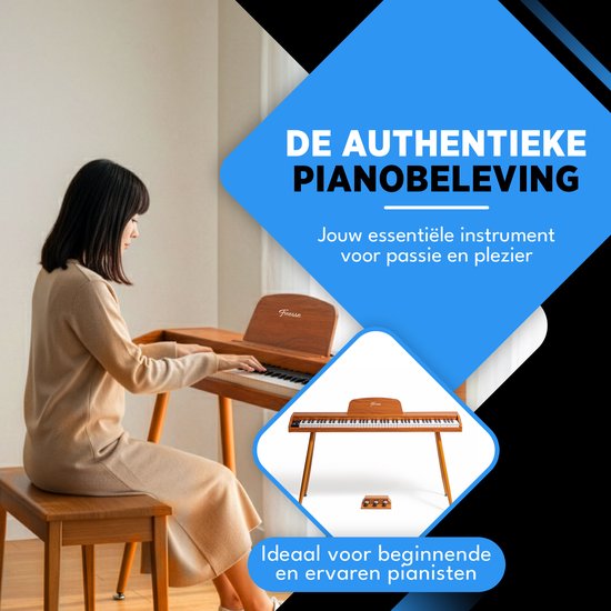 Vrouw speelt op een digitale piano met houten afwerking. Ideaal voor beginners en ervaren pianisten.