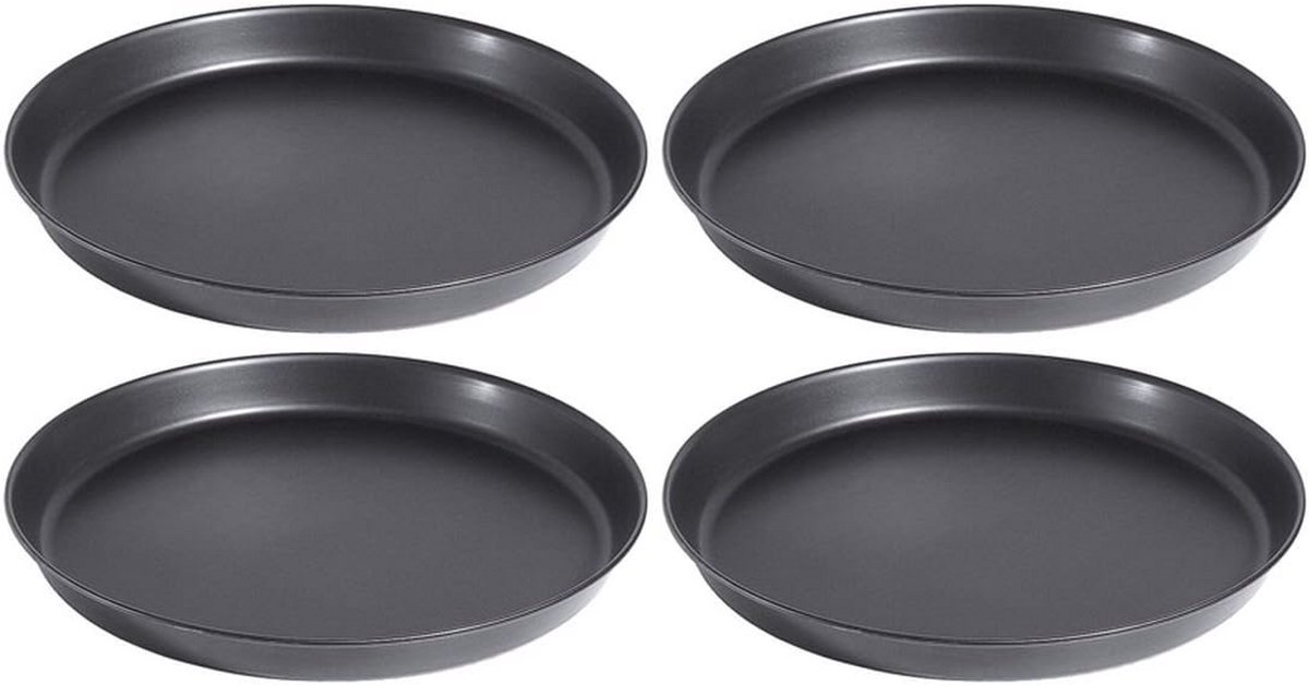 Pizzaplaten Set 26 cm - 4 Rond Bakplaten met Geflensde Rand - Blauwplaatstaal - Geschikt voor Oven - Voor Pizza, Taartbodems en Bakproducten