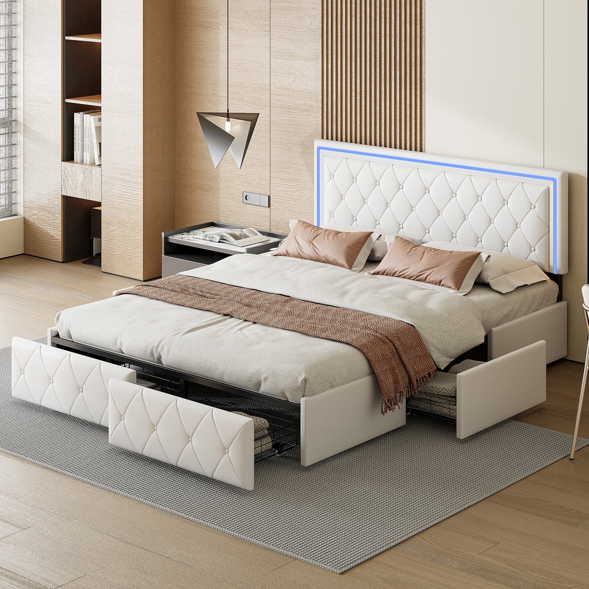 Modern kunstleer bed met lades, LED PU tweepersoonsbed, gestoffeerd bed, 140 x 200 cm, met LED hoofdeinde en lattenbodem, 4 praktische lades, stijlvol ontwerp, ideaal voor tienerkamers en moderne kamers, matras niet inbegrepen