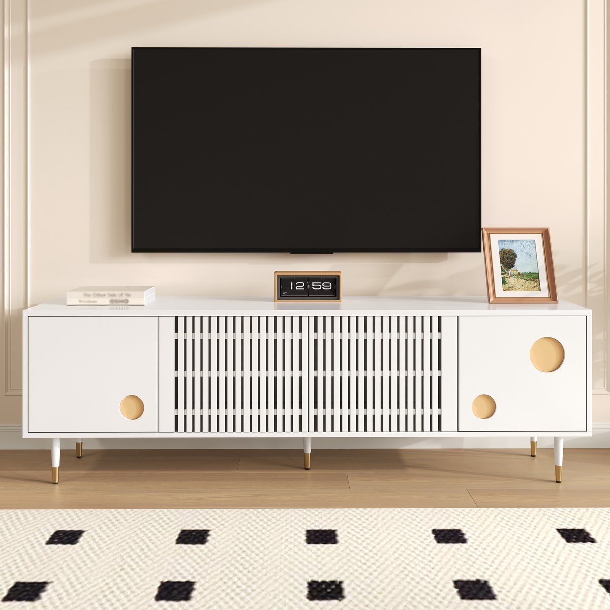 MODFU TV-meubel 170x36x54 cm van MDF, met gitterdeuren en gouden accenten, verborgen grepen en verstelbare poten, wit