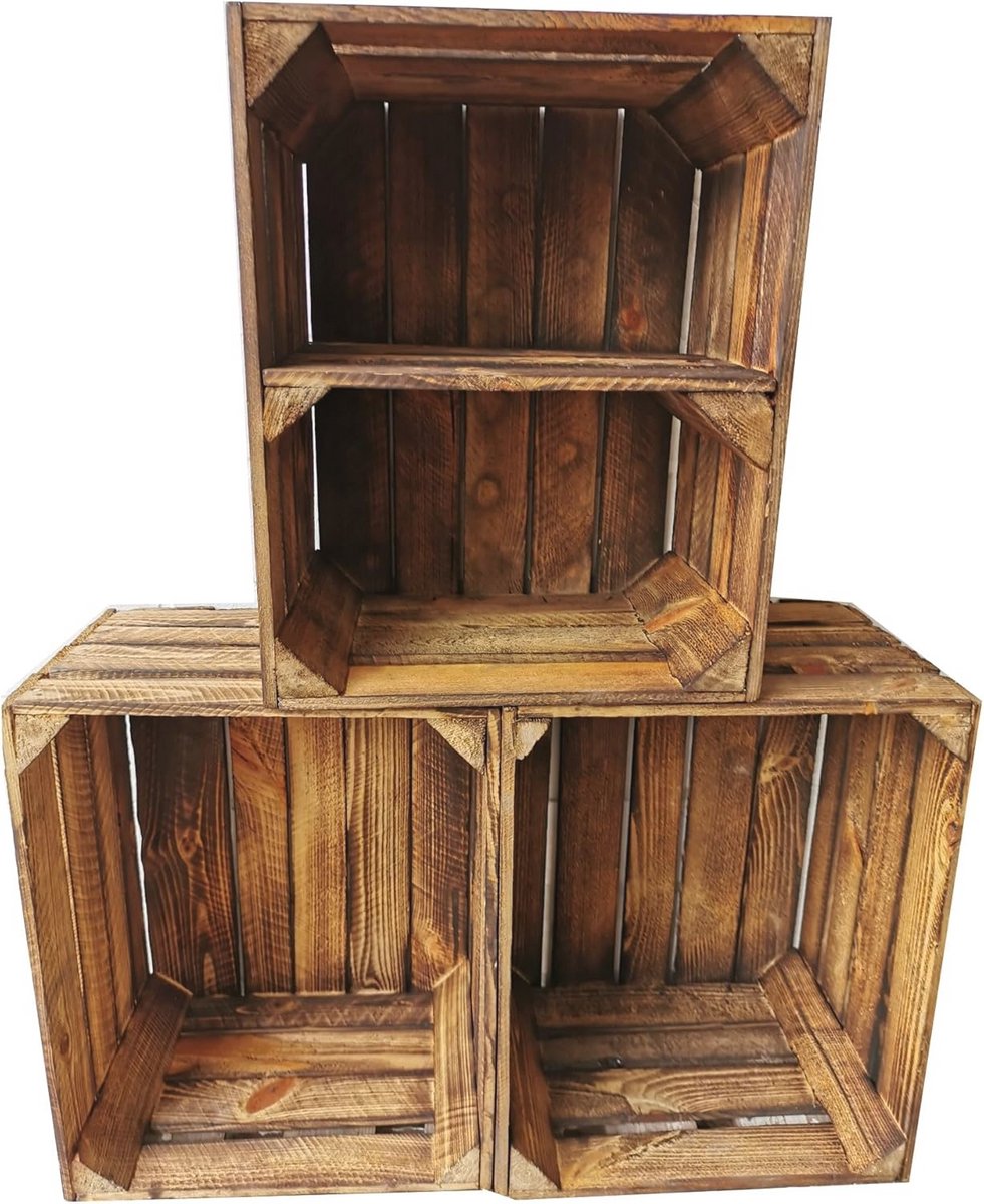 Vintage Houten Kisten Set 3 - Gevlamde Fruitkratten voor Meubelbouw en Opslag - 50x40x30 cm