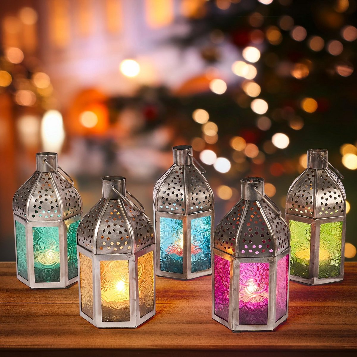 Marrakesh-achtige Oriëntaalse Lantaarns Set van 5 - Grijze Lantaarns met Gouden Afwerking voor Binnen en Buiten - Ramadan Decoratie