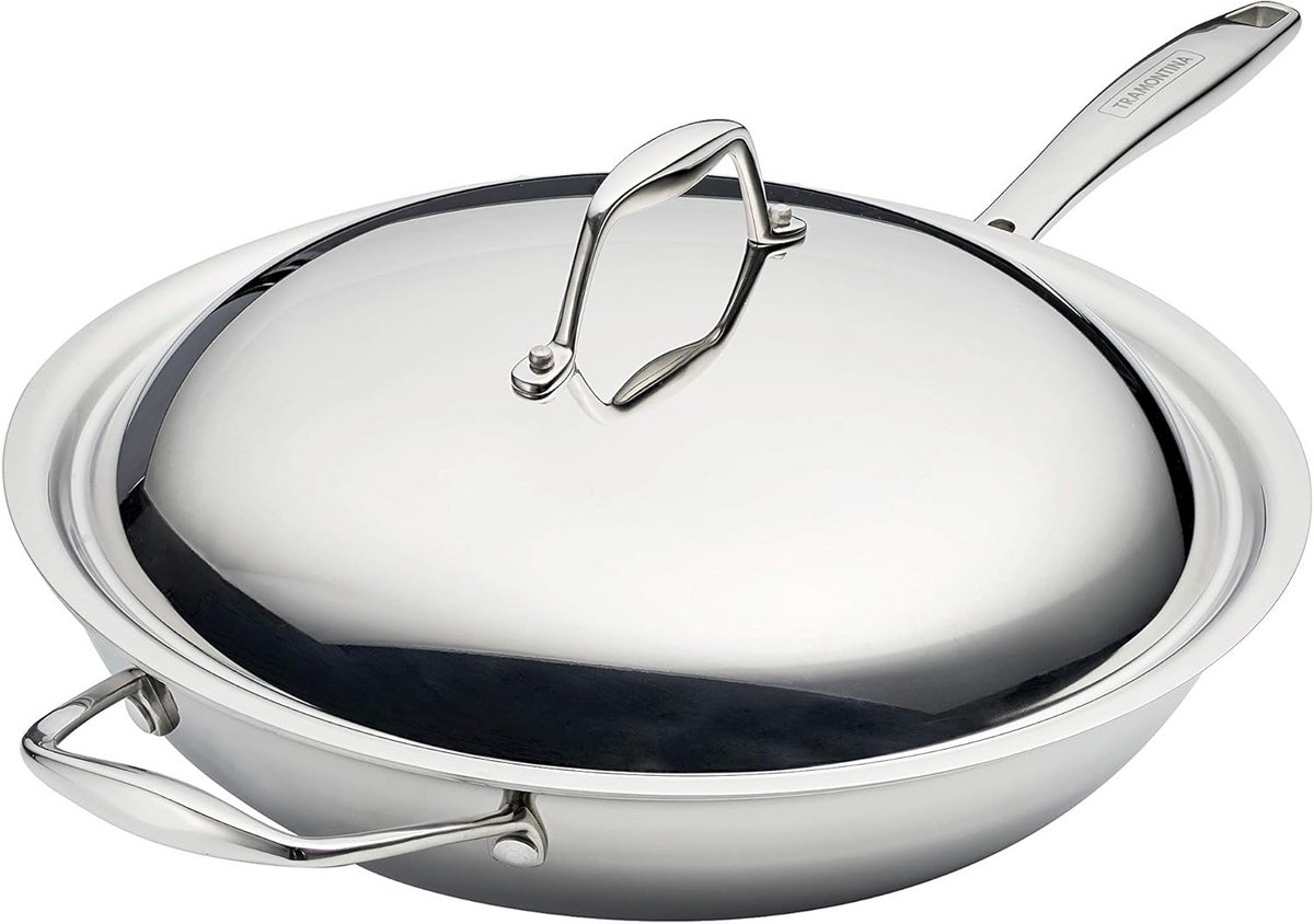 Tri-Ply roestvrij staal wok 32 cm met deksel, inductieklaar, vaatwasmachinebestendig