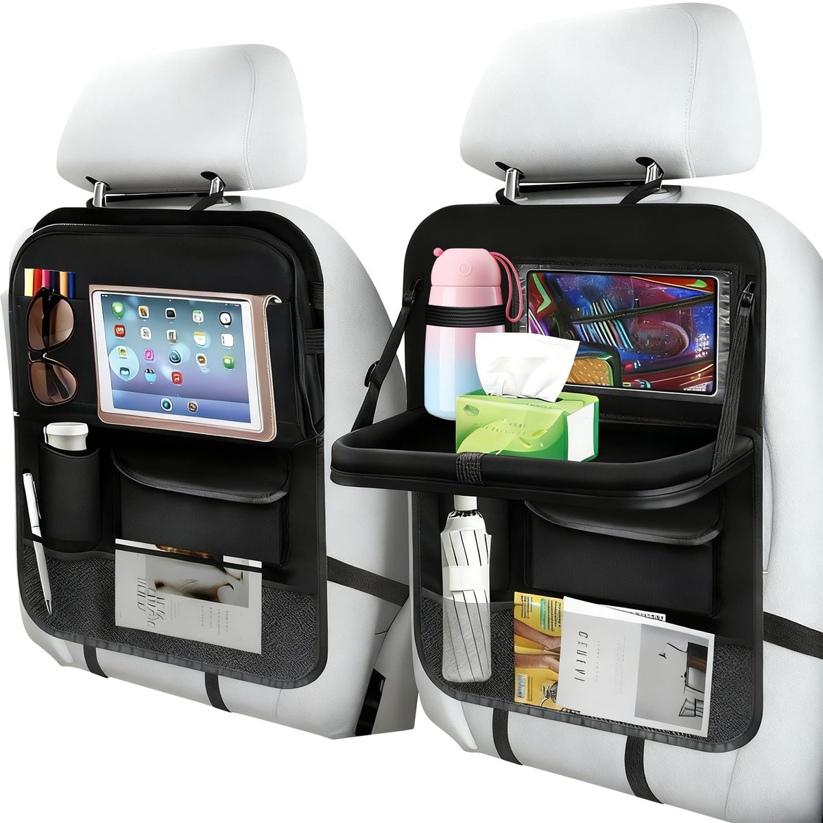 IMPERATORIS® Autostoel Organizer - Bescherming Achterkant Stoel - Met Tablet Houder en Opbergvakken - Voor Kinderen en Reizen - Waterafstotend - 2 Stuks - Zwart - 10D x 10W x 10H