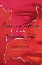 Boekcover 'Born on a Tuesday' van Elnathan John met rode en roze aquarelverf op de achtergrond.