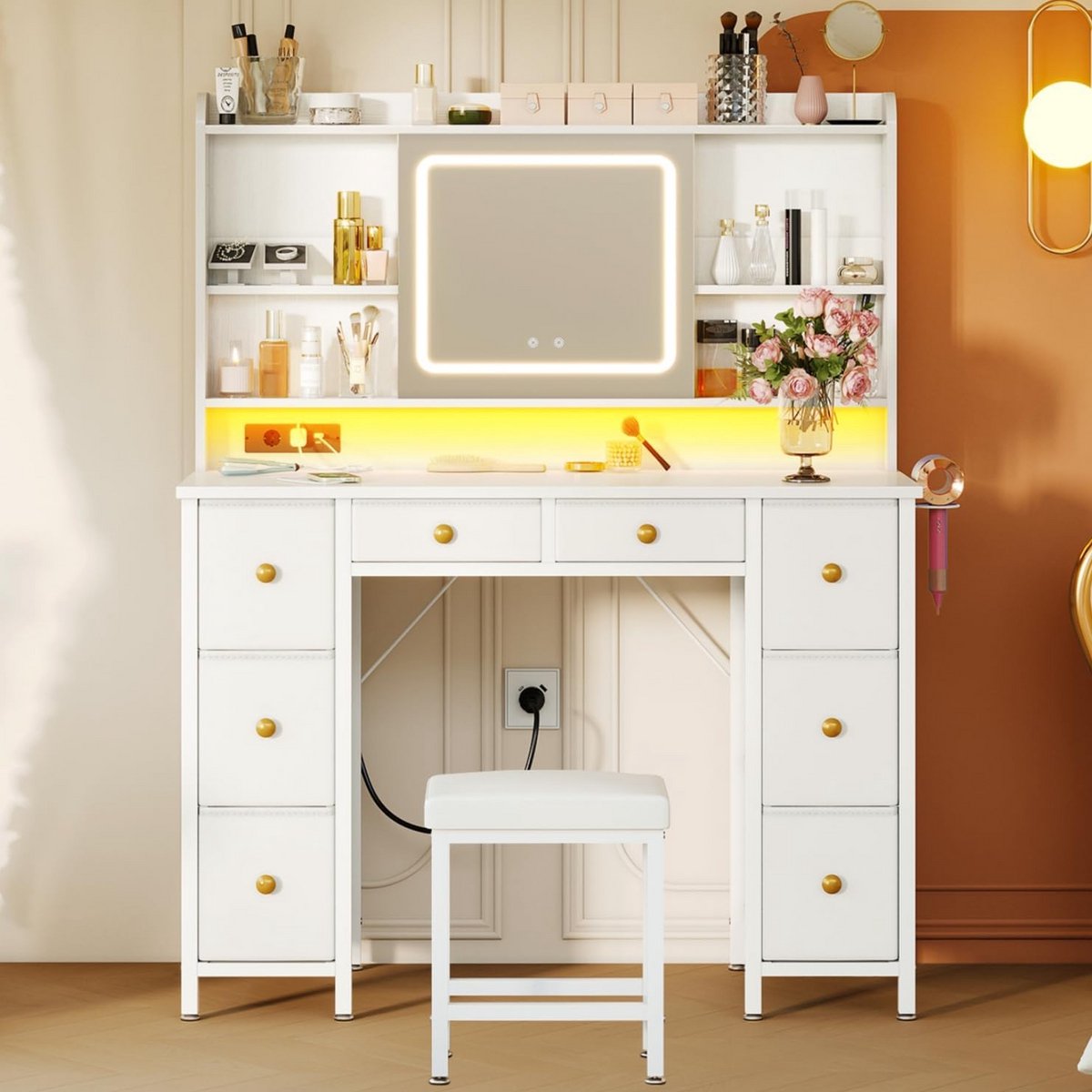 Luxe Kaptafel met LED Spiegel, USB-stopcontacten en Lades