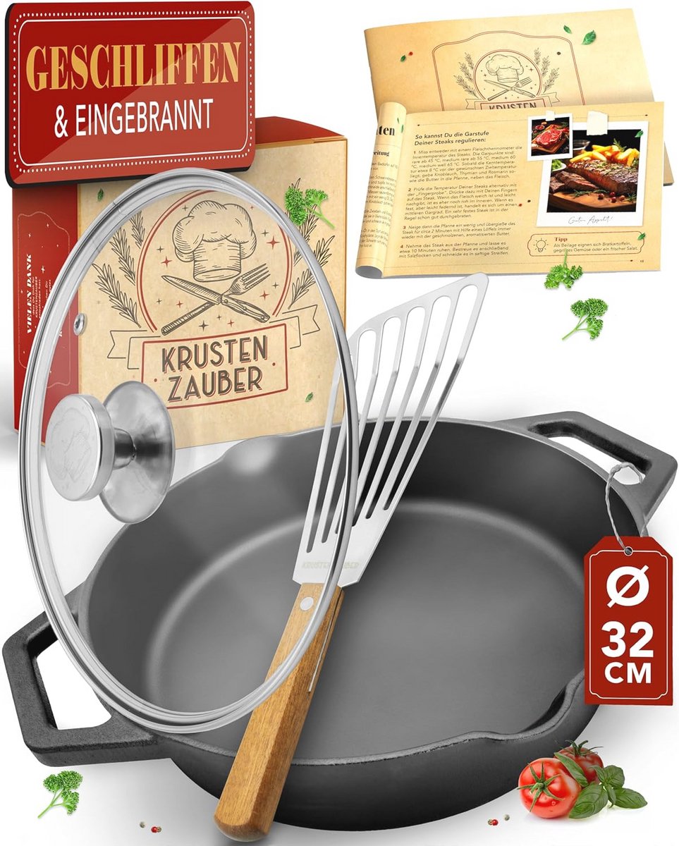 Gietijzeren Pan 32 cm met Inductie, Dubbele Handgreep en Deksel