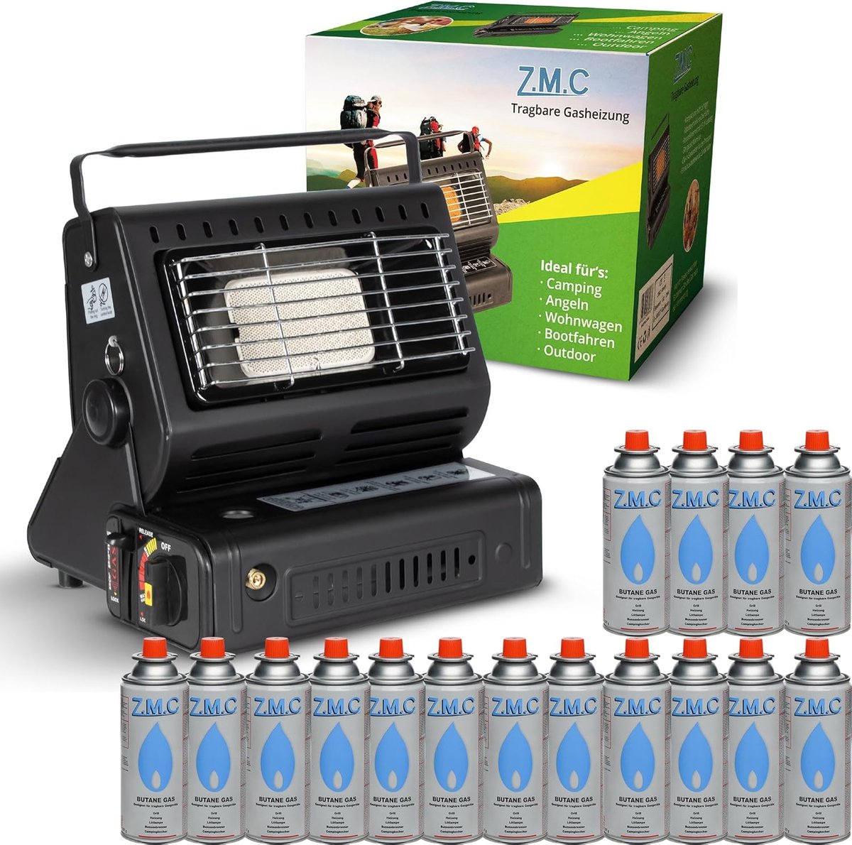 Z.M.C 2-in-1 draagbare gaskachel en gasfornuis + 16 gaspatronen 227 g, keramische campingkachel 1,7 kW, gaskachel voor buiten en terrassen, tuin & balkon, mobiele straalkachel met piëzo-ontsteking